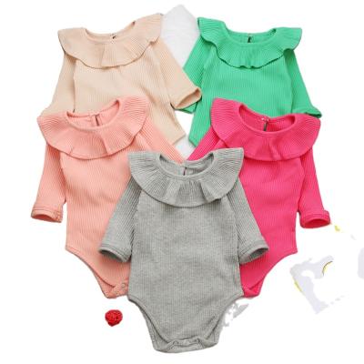 China INS Infant Baby Clothing Solid Color Girls Autumn Spring Polyester/Cotton Overalls Toddlers Long Sleeve Ruffled Romper Kids for sale