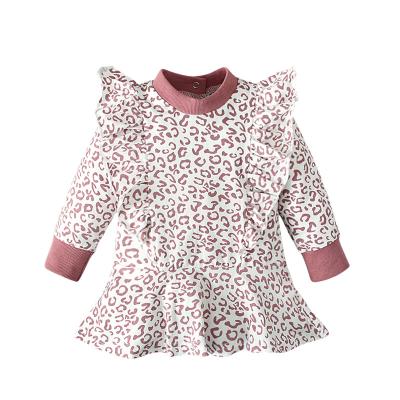 China Washable American Children's Clothing Spring Autumn Girls Long Sleeve Flying Shoulder Sheath Pink Leopard Baby Infant Dress for sale