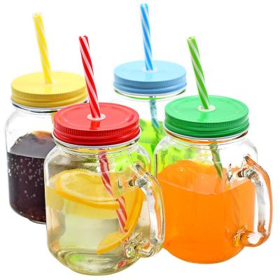 China High Borosilicate Sustainable Mason Jar Mugs with Stainless Steel Handles/Lids and Reusable Straws for sale