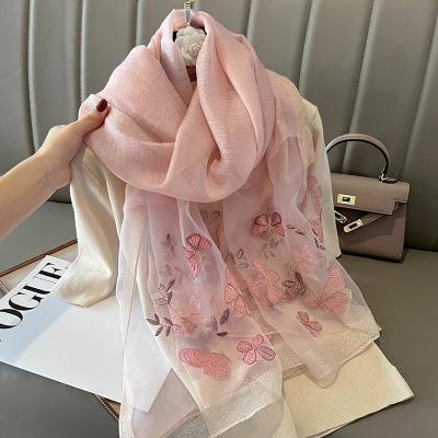 China Summer Spring Embroidery Women New Wool Scarf Pashmina Shawl Female Hair Hijab Bandana Solid Color Casual Long Silk Scarves For Girls for sale