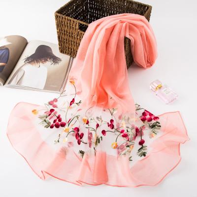 China Fashion Luxury Soft Chiffon Muffler Muslim Flower Hijab Sunscreen Wrap Plain Embroider Floral Organza Scarves for sale