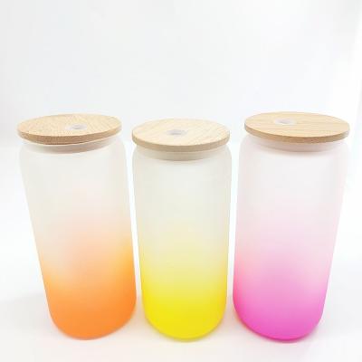 China Sublimation Wholesale US warehouse 550ml 16oz Sublimation ombre  Can Shaped Containers Bamboo Lid Cola Beer Glass Cup with Straw for sale