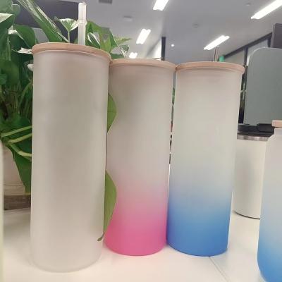 China Sustainable kagiso  Glasses Sublimation  Clear Frosted Gradient 20 oz Can Shaped Glasses with Bamboo Lid for Heat Press Transfer for sale