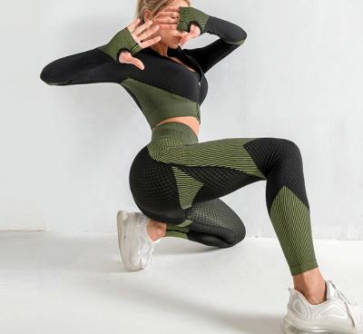 China 2021 Breathable Women Workouts 3 Pieces Tracksuit Waisted Yoga Gaiters Tops And Seamless Stretch Sports Bra Gym Clothing Equipment Set for sale