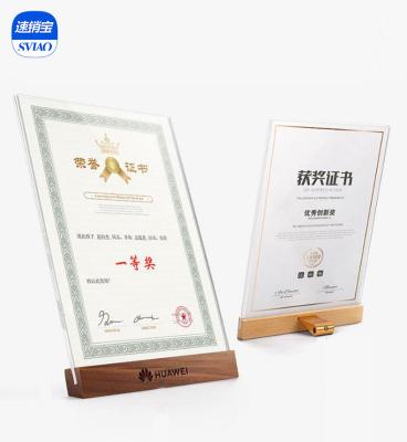 China Recycled acrylic photo frames a4 frame certificate table image A4 clear wood base sign holder card holder for sale