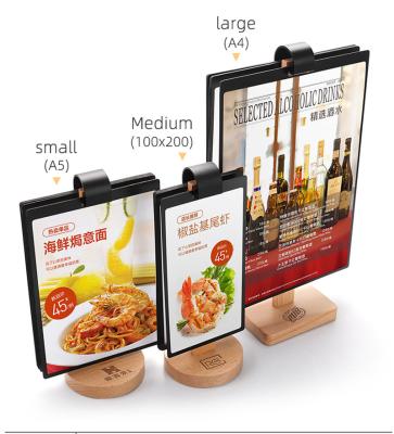 China 2022 A4 A5 100*200mm Customs Logo Mini Size Bar Cafe Table Recycled PVC Restaurant Menu Engraving Wood Holder for sale