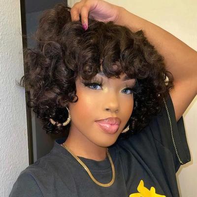 China Deep Wave Rose Curly Virgin Brazilian Human Hair Wig With Bangs Full Machine Made Deep Wave Short Bob Wigs for sale