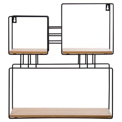 China Sustainable Wall Mounted Shelves Metal Wire Design With Floating Wood Base Display Racks Shelves For Home Office Decoration for sale