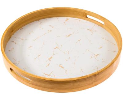 China Large Viable Round Serving Tray - Organic Bamboo Wood Ottoman Tray Round With Handles for sale