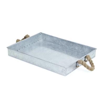 China Sustainable High Quality Galvanized Farmhouse Style Serving Tray Metal Tray With Rope And Metal Handle for sale