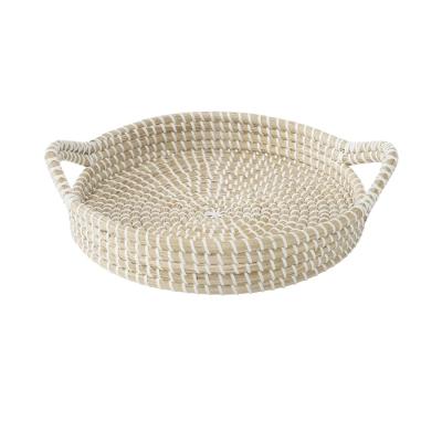 China Sustainable Vintage Woven Rattan Round Tray for Serving and Home Decor - Decorative Round Wicker Basket Trays with Handle for sale