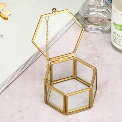 China Vintage Glass-Glass Jewelry Box - Gold Geometric Home Organizer Decorative Jewelry Display Box Keepsake Box Case For Storage Trinket for sale