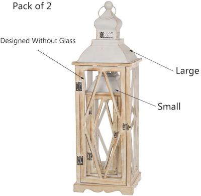 China Vintage Farmhouse Metal Wood Lanterns Decorative Hanging White Candle Lanterns Set of 2 for sale