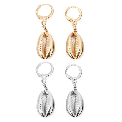 China Trendy Shell Charm Circles Huggie Earrings Unique Cowrie Shell Hoop Earrings Summer Boho Gold for sale