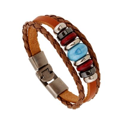 China Handmand Punk Adjustable Multilayer Rope Weaving Wooden Beads Leather Bracelet For Men for sale