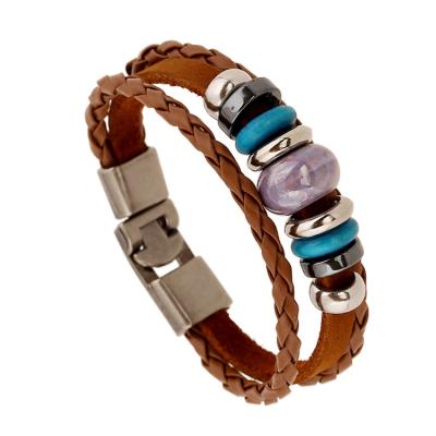 China Woven Punk Adjustable Handmade Braided Bead Multi Layers Punk Leather Slider Leather Bracelet for sale