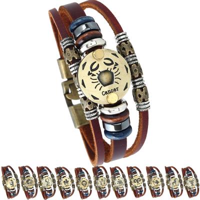 China Punk Alloy Zodiac Signs Mens Fashion Bracelet Men's Leather Bracelet for sale