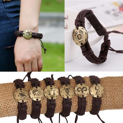 China Punk Adjustable Handmade Adjustable Rope Braided Zodiac Sign Logo Plate Leather Bracelet for sale