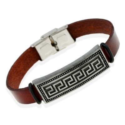 China Customized Brown Engraved Leather Bracelet Fashion Trend Stainless Steel Clasp Men's Fashion Charm ID Bracelet for sale