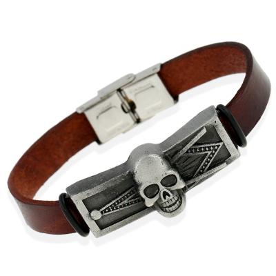 China Punk Men Fashion Leather Bracelet Bangle Skull Bracelet Metal Charm Bracelet for sale