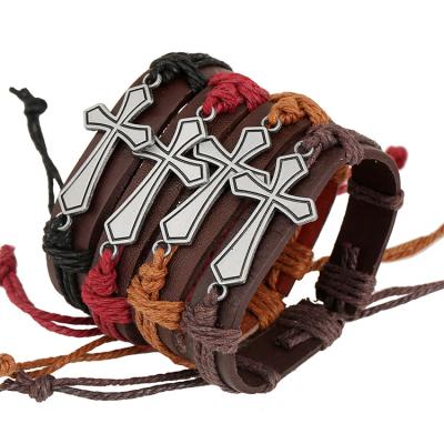 China Cheap Wholesale Punk Braided Alloy Charm Bracelet Cowhide Cross Alloy Leather Custom Bracelet for sale