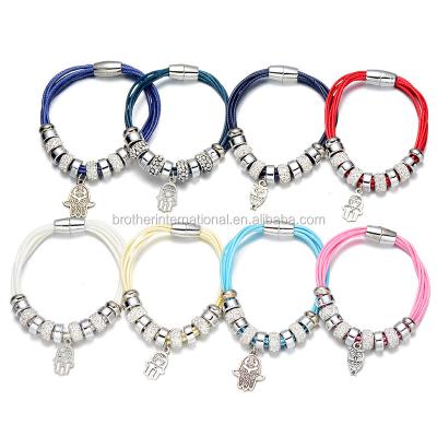 China Leather Charm Crystal Beads New Fashion Crystal Magnetic Clasp Bangle Bracelet for sale