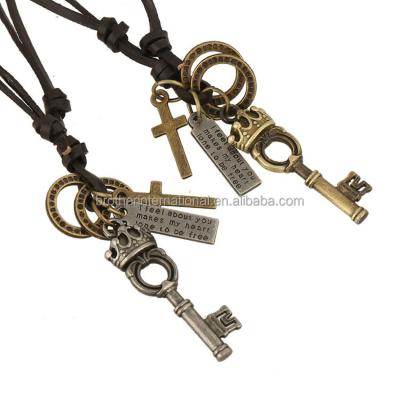 China Retro Adjustable Men's Punk Necklace Rope Pendant Necklace Metal Charm Braided Leather Punk Necklace for sale