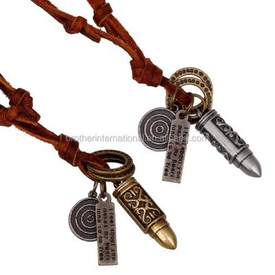 China Real Cow Rope Metal Bullet Necklace Pendants Men's Tribal Leather Choker Necklace for sale