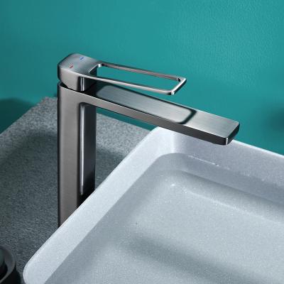 China Metered Faucets Adjust Single Hole Bathroom Sink Faucet Deck Mounted Brushed Gray Gun Basin Faucet for sale