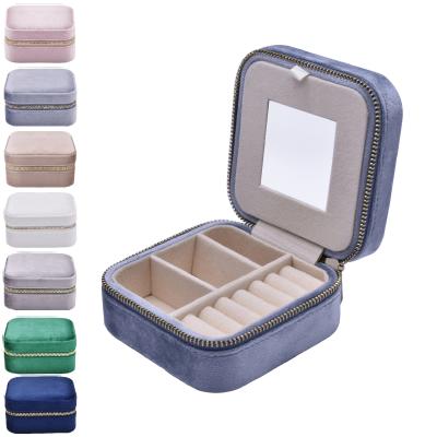 China Velvet Square Travel Fashion Velvet Zipper Stud Organizer For Mirrored Portable Small Jewelry Storage Box for sale