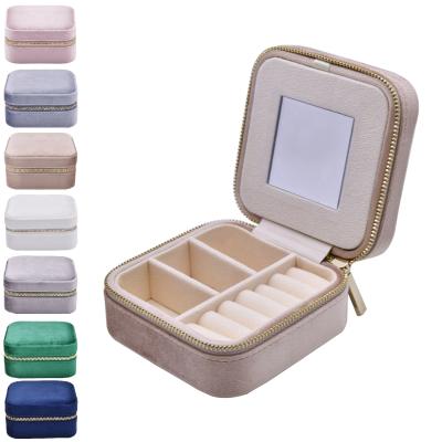 China Custom Logo Small Velvet Zipper Closure Earring Jewelry Storage Box Travel Jewelry Organizer Lady's Velvet Travel Jewelry Box for sale