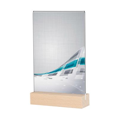 China Advertising Food Menus Sign Paper Holder Wood Base Menu Inserts Table Talkers Hotel Acrylic Label Holder for sale