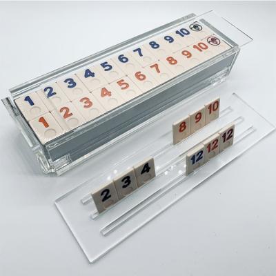 China Eco-Friendly Rummy Cube Tile Game With Lucite Box Family Rummy Domino Games Display Case Board Game for sale