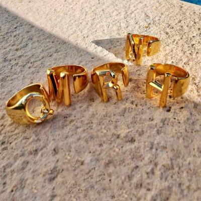 China Hot Sale Unique Resizable Adjustable Gold Plated Ring Statement Jewelry Women Chunky Vintage Jewelry Alphabet Ring for sale