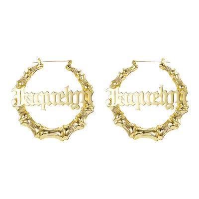 China Cute Custom Stainless Steel Nameplate Jewelry Fashion Bamboo Earrings Adjust Personal Name Bamboo Earrings for sale