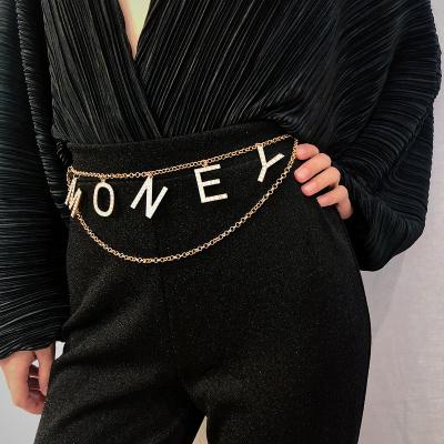 China New Fashionable Punk Rhinestone Silver Letter Waist Chain Belt Metal Female Sexy Tassels Swell Chain Jewelry for sale