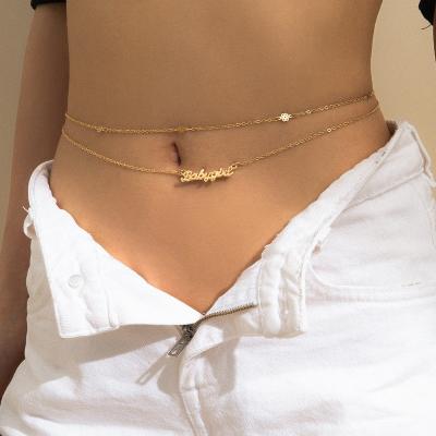 China Wholesale Punk Letter Waist Chain Belt Pearl Metal Belly Chain Pendant Female Sexy Jewelry for sale