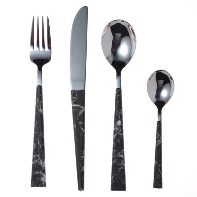 China Viable Mirror Pattern Handle Spoon And Fork Set Restaurant Silver Black Marble Silverware With Knife Sets Stainless Steel Cutlery Set for sale