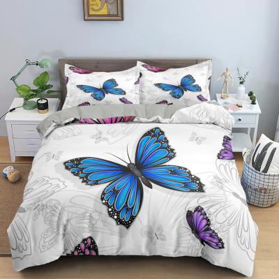 China PORTABLE Blue Butterfly Printed Duvet Cover Tropical Sheets Bedding Sets With Pillow Case Microfiber Bedspread Queen/Luxury King Size for sale