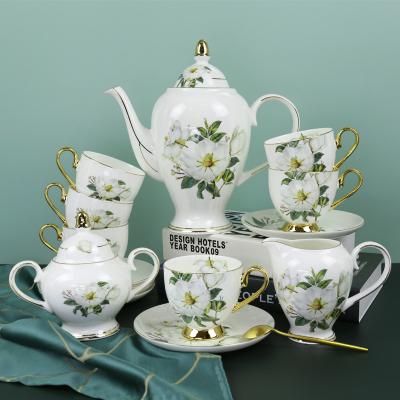 China Viable luxury fine bone china high quality gold decoration teapot floral cup and saucer 15 pieces of ceramic tea set for sale