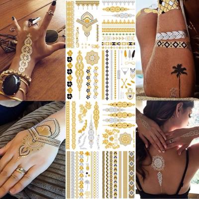 China Temporary Tattoo Gold Silver Metallic Waterproof Women Fashion Henna /Peacock Feather Design Temporary Tattoo Sticker Paster for sale