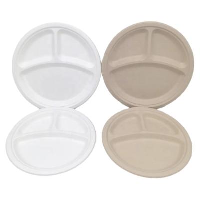 China Bio-degradable 100% Compostable 3 Compartment Disposable Paper Plates PFAS Free 9 Inch Biodegradable Bagasse Sectional Lunch Tray with Dividers for sale