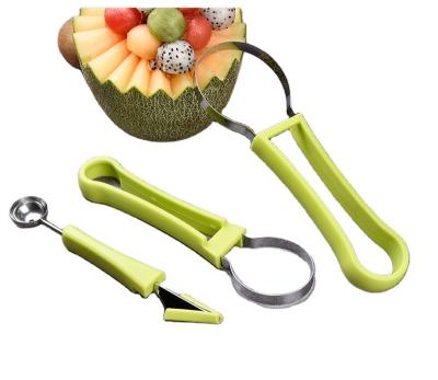 China Viable 3 in 1Home and Kitchen Watermelon Knife Fork Spoon Set Melon Scoop Stainless Steel Fruit Carving Knife for sale