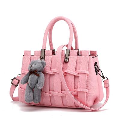 China Durable Korea Style PU Leather Handbags Simple Solid Color Crossbody Tote Bags With Bear Pendant for sale