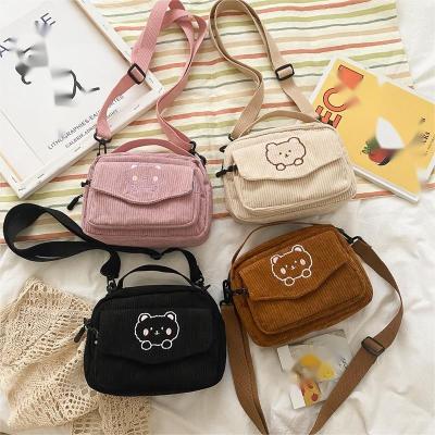 China Fashion Hot Women Corduroy Zipper Crossbody Bag Cute Bear Sling Bag Lightweight Mini Makeup Bag for sale