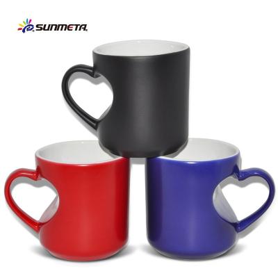 China Wholesale Viable 11oz Ceramic Heart Shape Color Changing Sunmeta Mug For Sublimation for sale