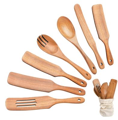 China Amazon Best Selling Custom LOGO Teak Wood Utensils Wooden Sustainable Kitchen Utensil Set Kitchen Cooking Spoon Set for sale