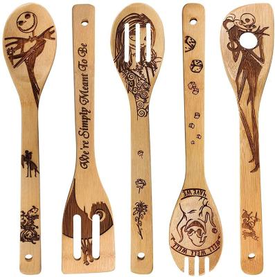 China Amazon Sustainable 5 PCS Bamboo Utensils Set Wooden Kitchen Utensil Magic Pattern Burnt Spatulas Perfect Gift For Chefs And Foodie for sale