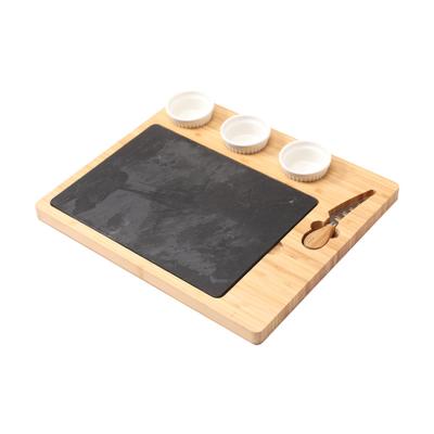 China Sustainable Wholesale Bamboo Cheese Board And Cutlery Cheese Board Set With Ceramic Rock Board Three Bowls And A Knife for sale