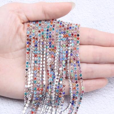 China New Pointed Back Glass Rhinestones Mix Colors 10m Length Chains Cup Pointed Back Sewing AB Chain Crystal Stones DIY Clothes Bags for sale